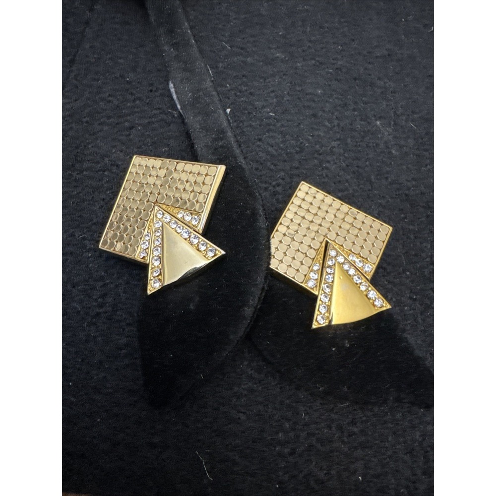 vintage Whiting & Davis gold-tone geometric mesh clip-on earrings Statement EUC - Picture 7 of 10